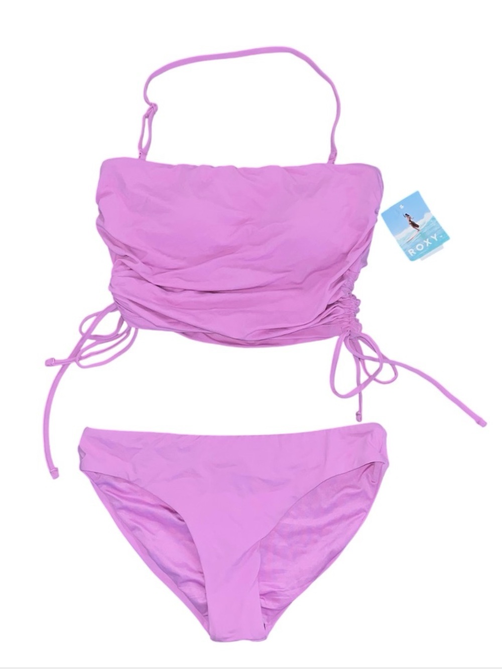 Roxy Purple Bandeau Crop Top Bikini Set NWT Padded Halter Hipster Bottoms XS Tie